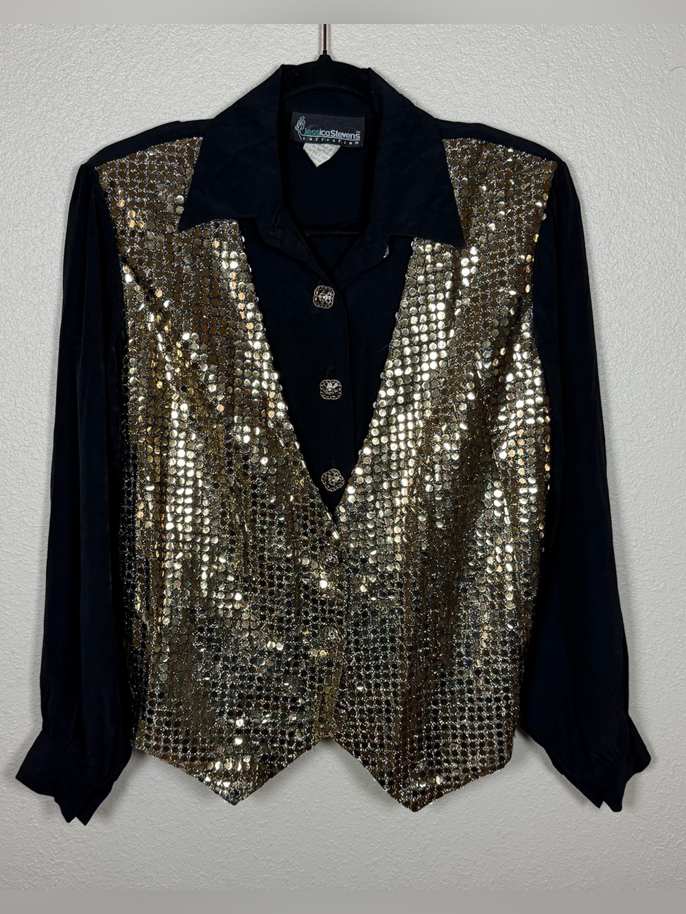 Women’s M Vintage Party Blouse Vest Long Sleeve Gold Sequin 80s Glam Disco Retro